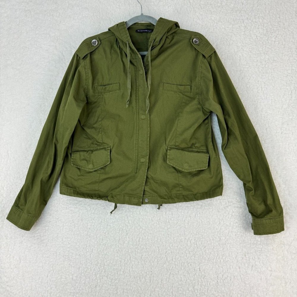 Brandy Melville Green Military Jacket Womens Full Zip Hood Long Sleeve One Size